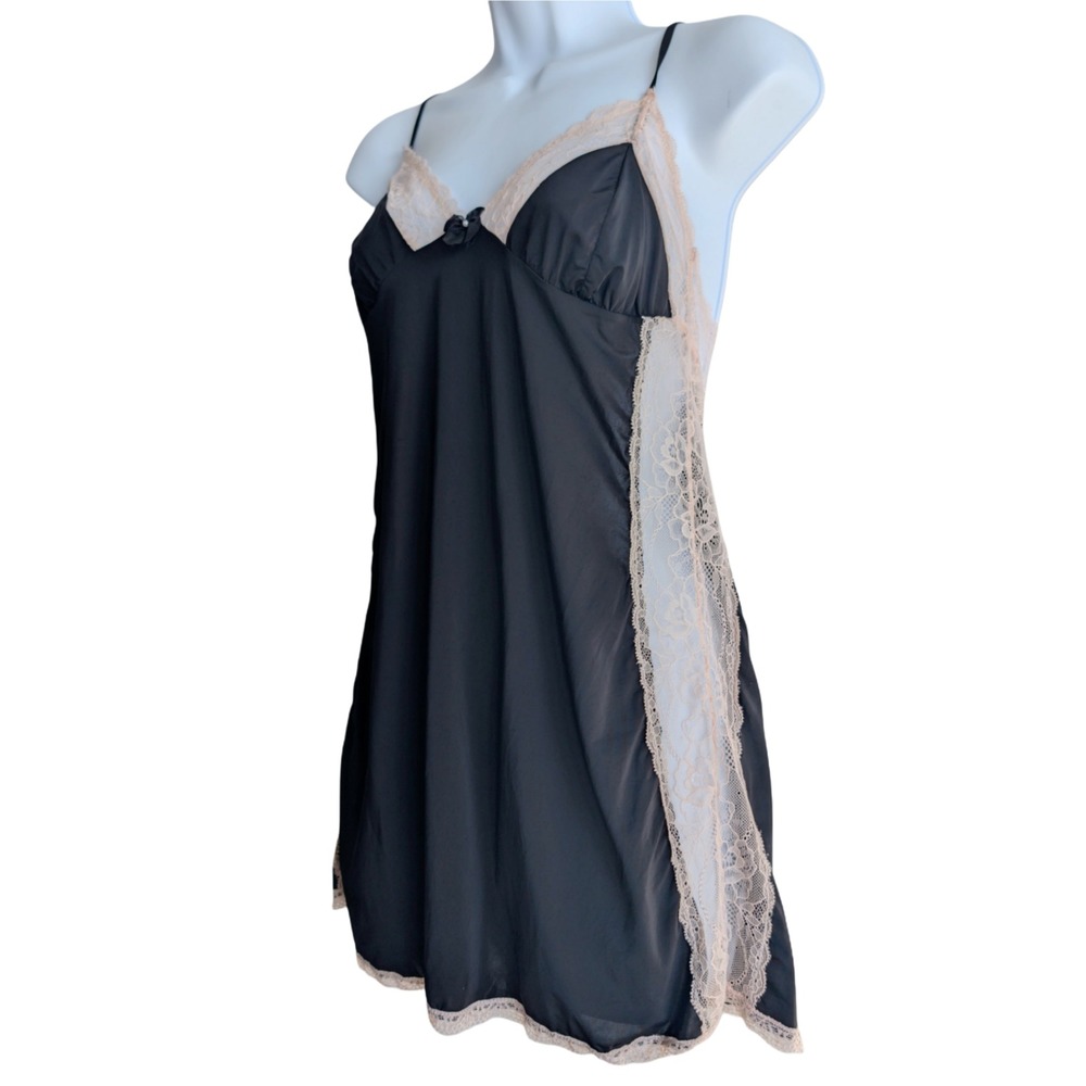 Sophie B. Black Pink Lace Full Slip Dress Stretchy Lingerie Sleepwear